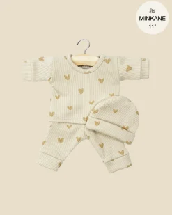 11" Doll Clothing | Morgan Pajamas & Hat in Ribbed Cotton - Beige Hearts>Minikane Online